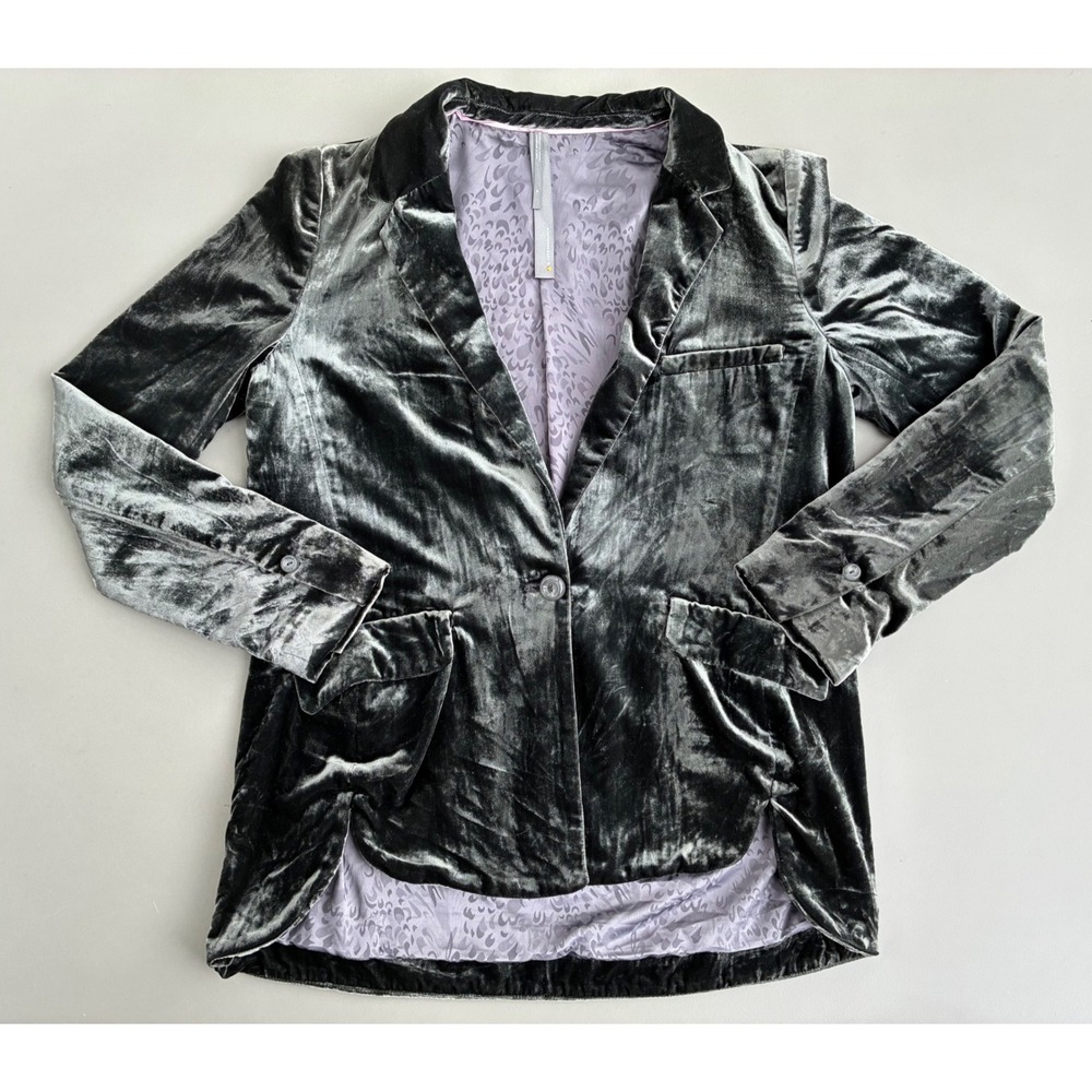 Anthropologie Dark Grey Crushed Velvet Blazer Leopard Print Lining M Whimsygoth